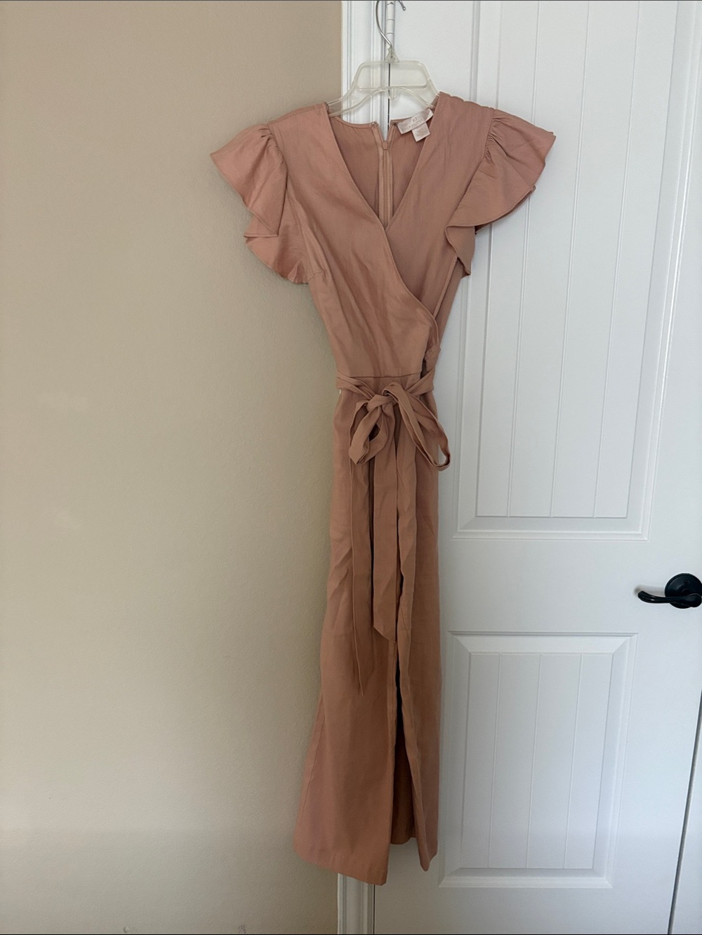 Rachel Parcell blush Wrap Jumpsuit with ruffle sleeve and Tie Waist